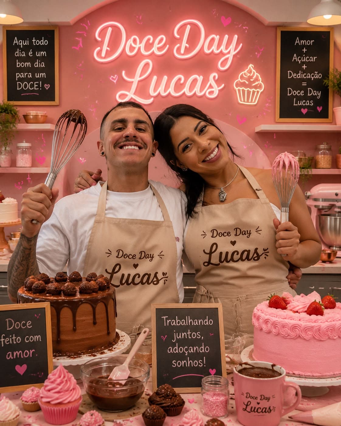 Mesa de doces finos da Doce Day Lucas com torta de morango, cupcakes e bombons gourmet
